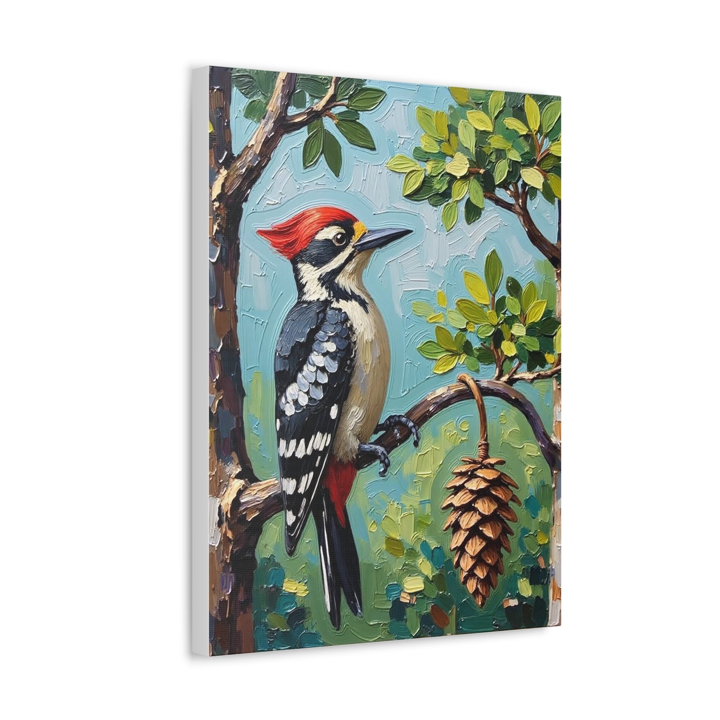 Woodpecker Stretched Canvas Art, Bird Wall Decor, Nature Illustration, Rustic Home Decor, Gift for Bird Lovers