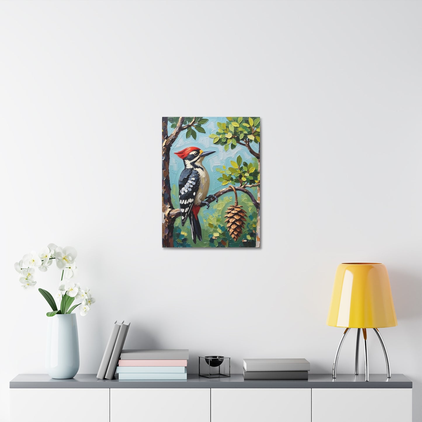 Woodpecker Stretched Canvas Art, Bird Wall Decor, Nature Illustration, Rustic Home Decor, Gift for Bird Lovers