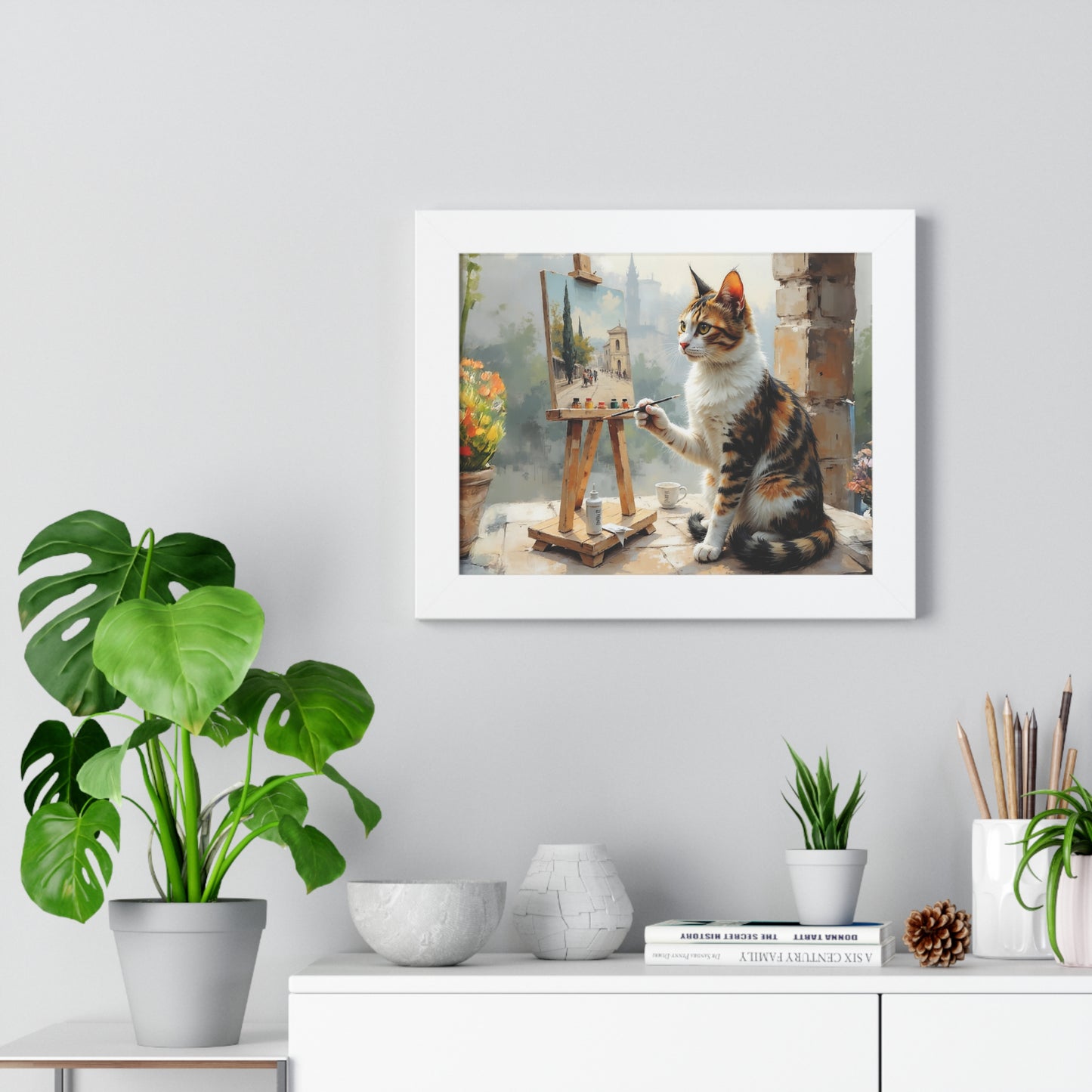 Artist Cat Framed Horizontal Poster, Cat Wall Art, Pet Lover Gift, Home Decor, Cat Painting, Cat Lover Gift