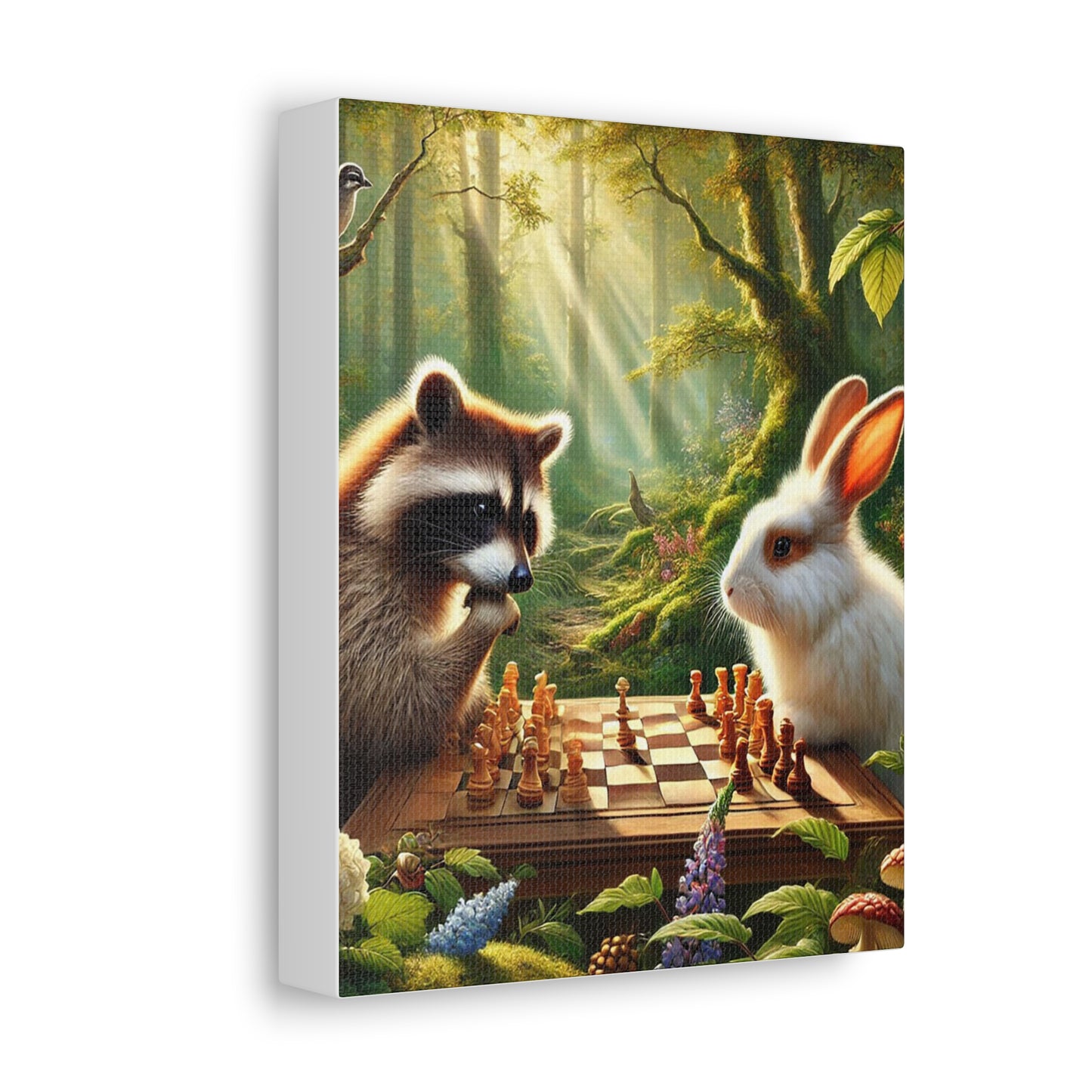 Whimsical Animal Chess Canvas Art | Nature Decor, Raccoon Rabbit Wall Art, Playful Home Decor, Gift for Animal Lovers, Woodland Art