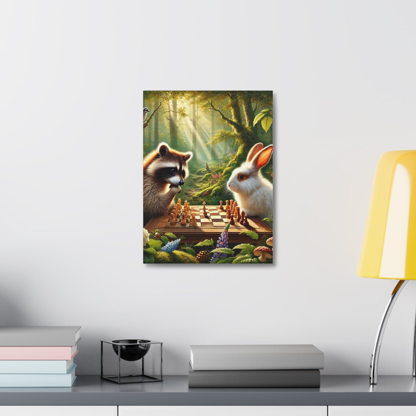 Whimsical Animal Chess Canvas Art | Nature Decor, Raccoon Rabbit Wall Art, Playful Home Decor, Gift for Animal Lovers, Woodland Art