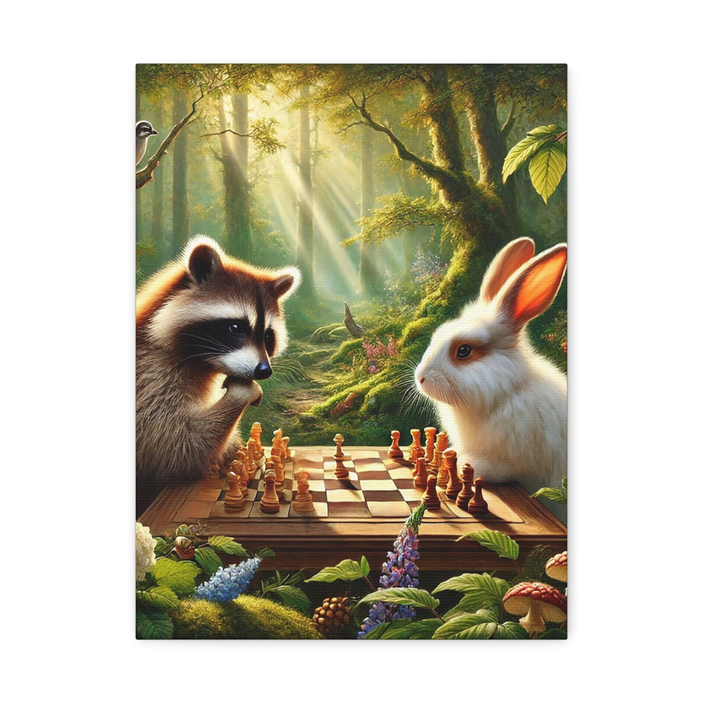 Whimsical Animal Chess Canvas Art | Nature Decor, Raccoon Rabbit Wall Art, Playful Home Decor, Gift for Animal Lovers, Woodland Art