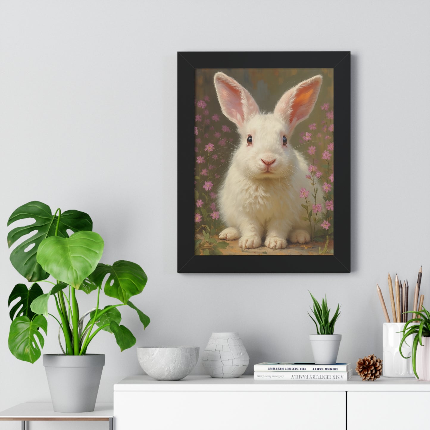 Charming Rabbit Framed Vertical Poster, Cute Bunny Art, Nursery Decor, Animal Wall Art, Kids' Room Decoration, Easter Gift