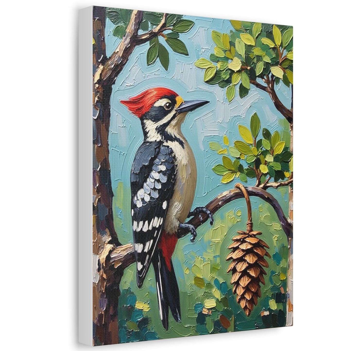 Woodpecker Stretched Canvas Art, Bird Wall Decor, Nature Illustration, Rustic Home Decor, Gift for Bird Lovers