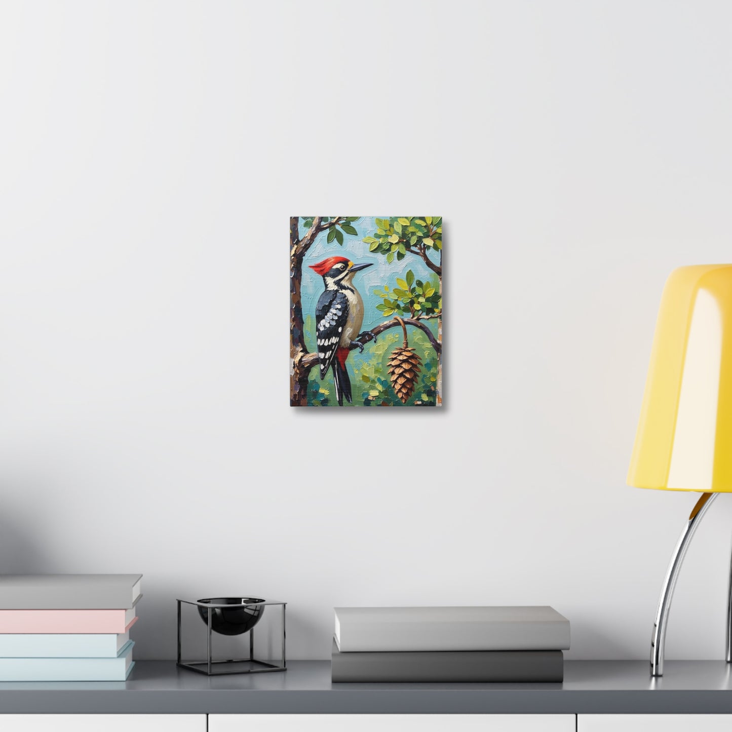 Woodpecker Stretched Canvas Art, Bird Wall Decor, Nature Illustration, Rustic Home Decor, Gift for Bird Lovers
