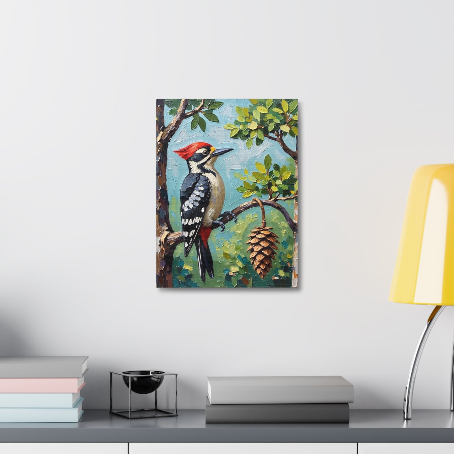 Woodpecker Stretched Canvas Art, Bird Wall Decor, Nature Illustration, Rustic Home Decor, Gift for Bird Lovers