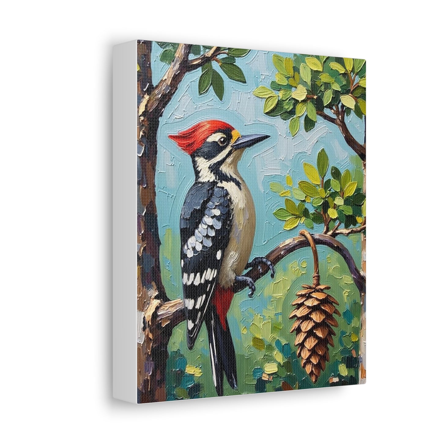 Woodpecker Stretched Canvas Art, Bird Wall Decor, Nature Illustration, Rustic Home Decor, Gift for Bird Lovers