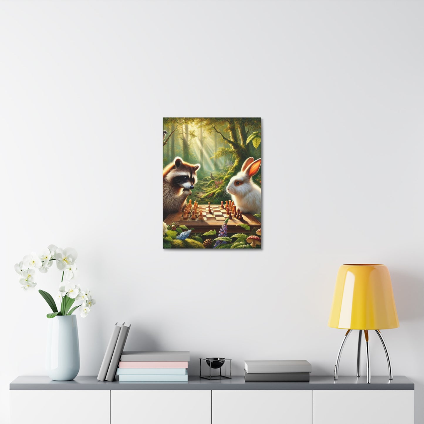 Whimsical Animal Chess Canvas Art | Nature Decor, Raccoon Rabbit Wall Art, Playful Home Decor, Gift for Animal Lovers, Woodland Art