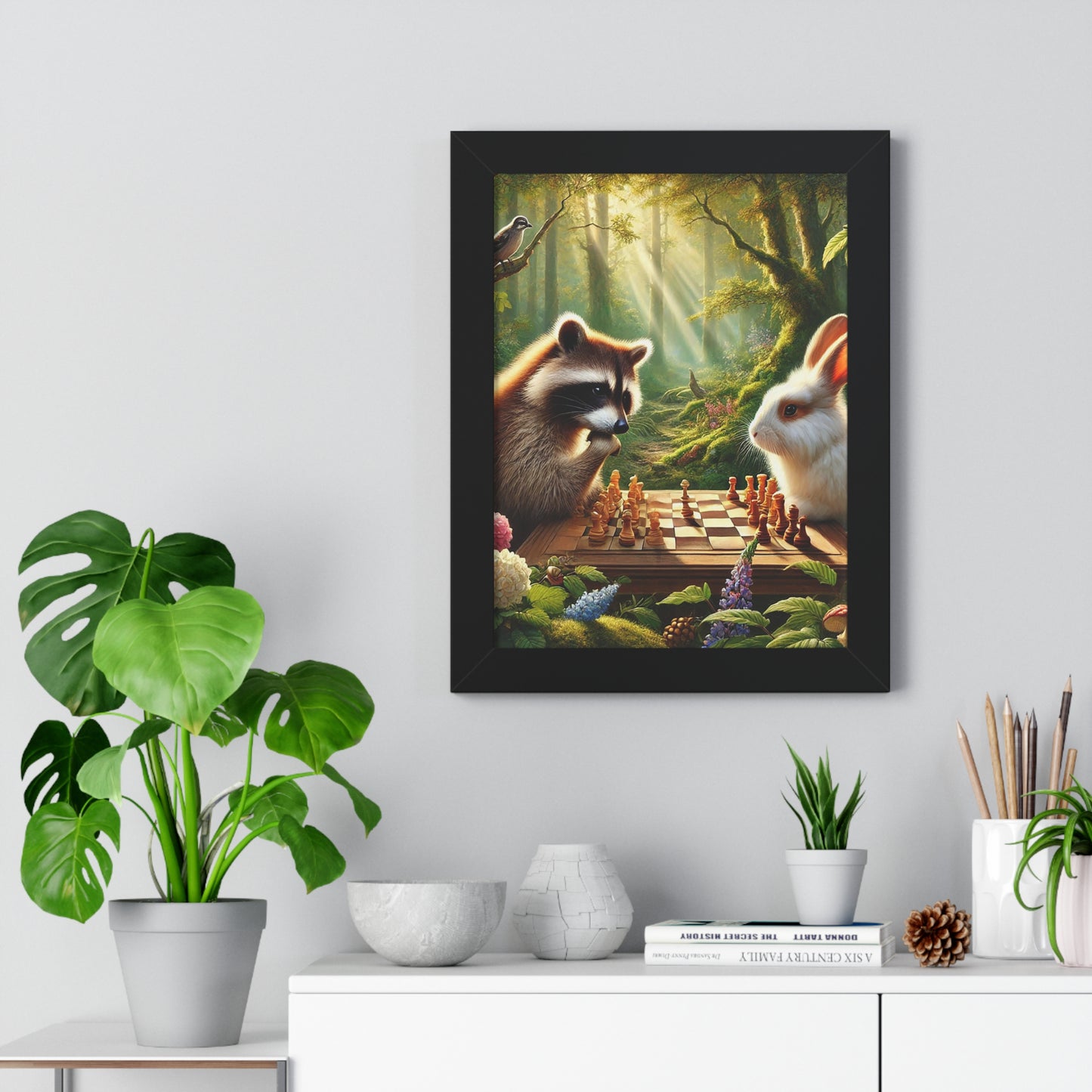 Whimsical Forest Friends Framed Poster, Animal Art, Nature Decor, Chess Lovers Gift, Children's Room Wall Art