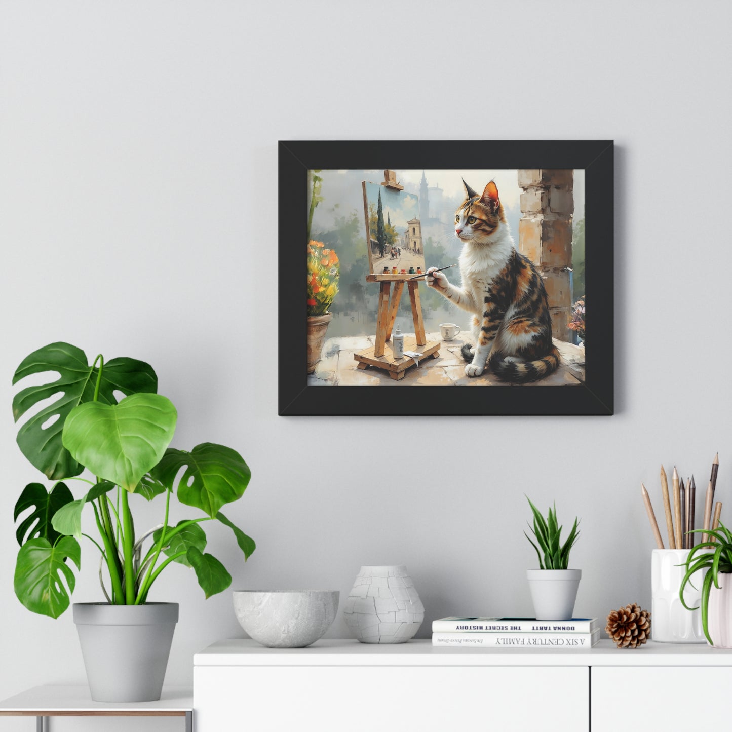 Artist Cat Framed Horizontal Poster, Cat Wall Art, Pet Lover Gift, Home Decor, Cat Painting, Cat Lover Gift