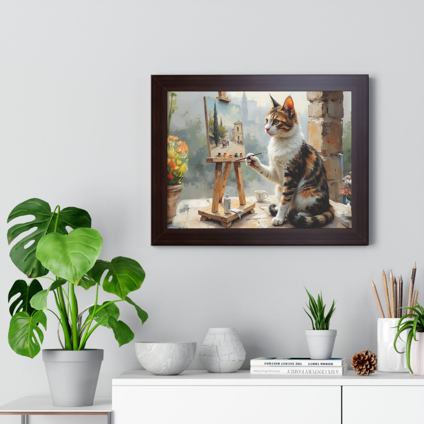 Artist Cat Framed Horizontal Poster, Cat Wall Art, Pet Lover Gift, Home Decor, Cat Painting, Cat Lover Gift