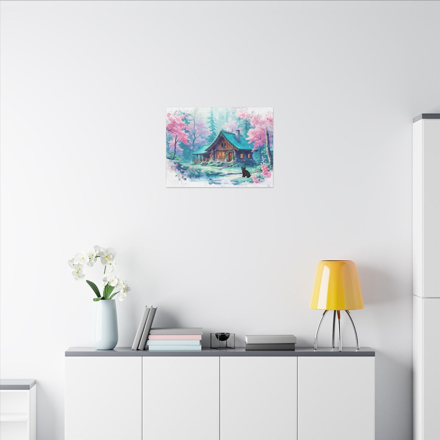 Serene Forest Canvas Art, Nature Wall Decor, Cozy Cabin Print, Spring Floral Home Decor, Black Bear Artwork
