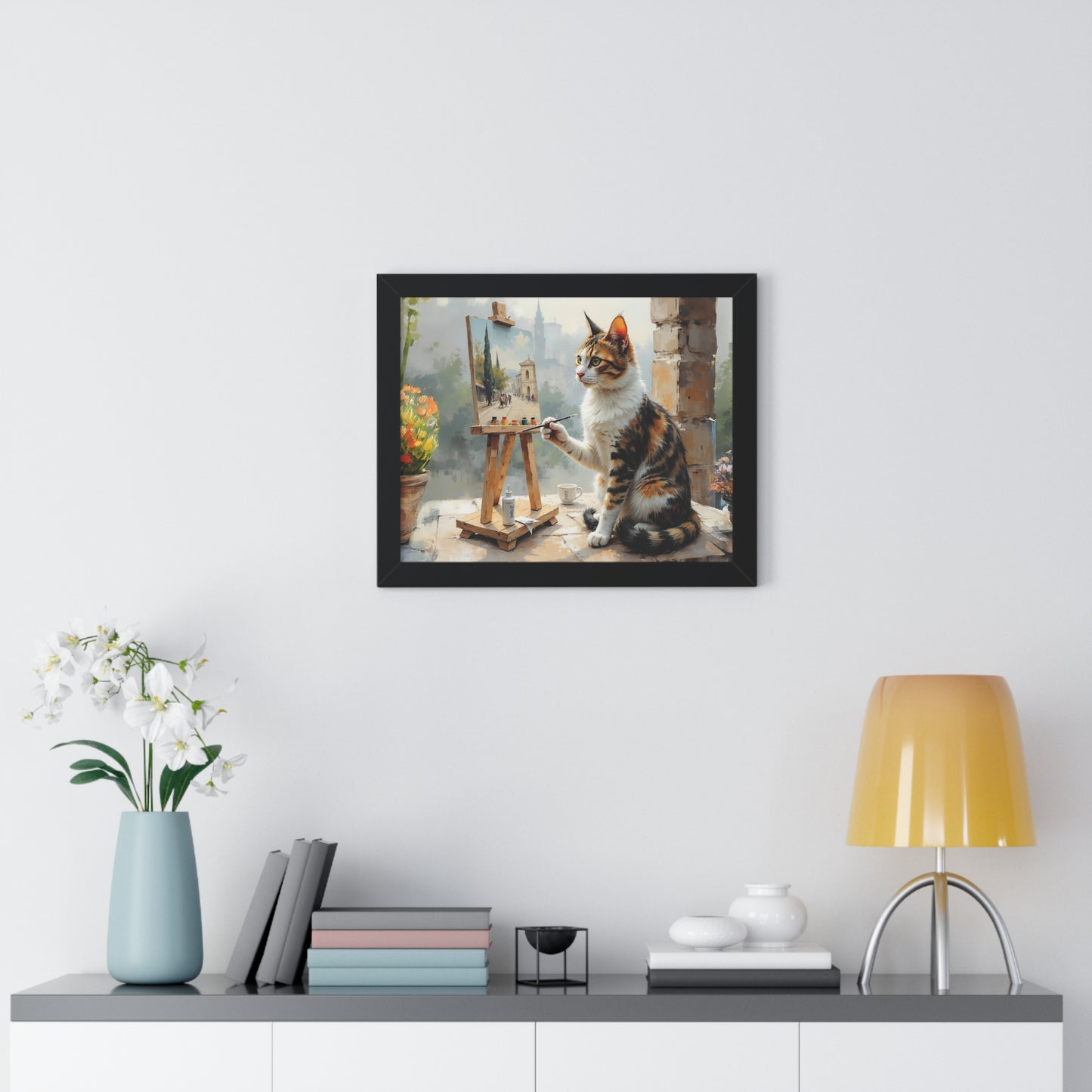 Artist Cat Framed Horizontal Poster, Cat Wall Art, Pet Lover Gift, Home Decor, Cat Painting, Cat Lover Gift
