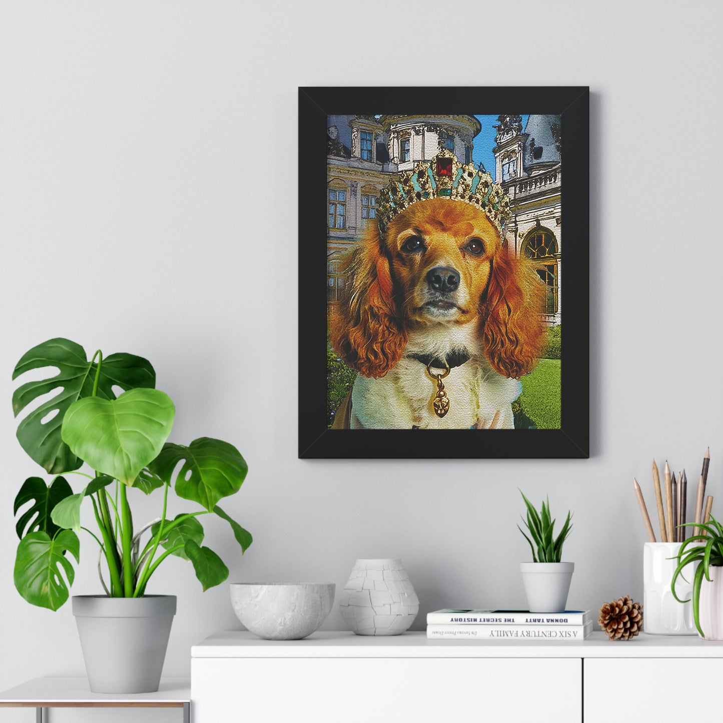 Regal Dog Framed Vertical Poster, Dog Lovers Wall Art, Pet Decor, Unique Gift, Crowned Pup Print