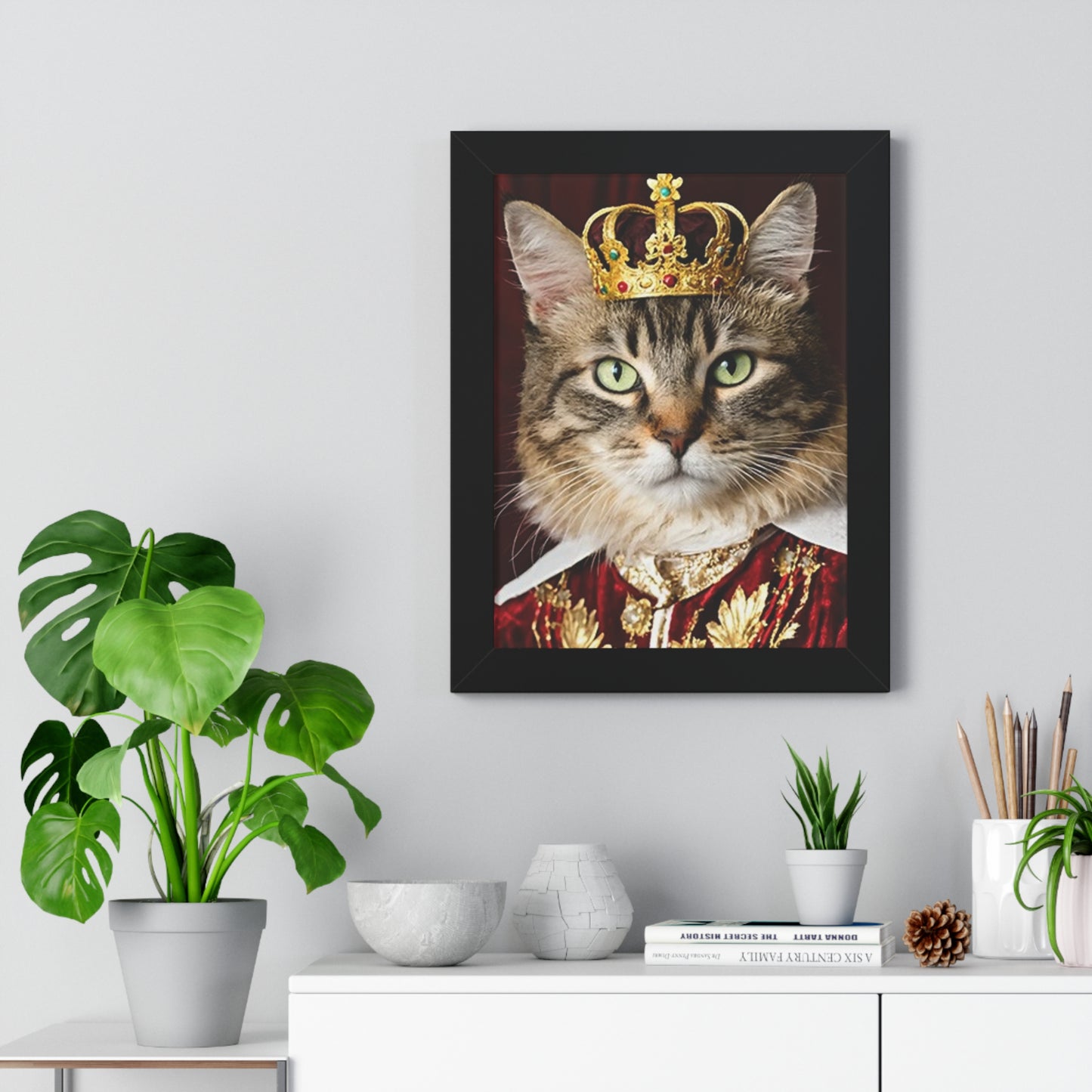 Regal Cat Framed Vertical Poster, Cat Art Print, Pet Lover Decor, Royal Feline Wall Art, Unique Gift for Cat Owners, Home Office Wall Decor