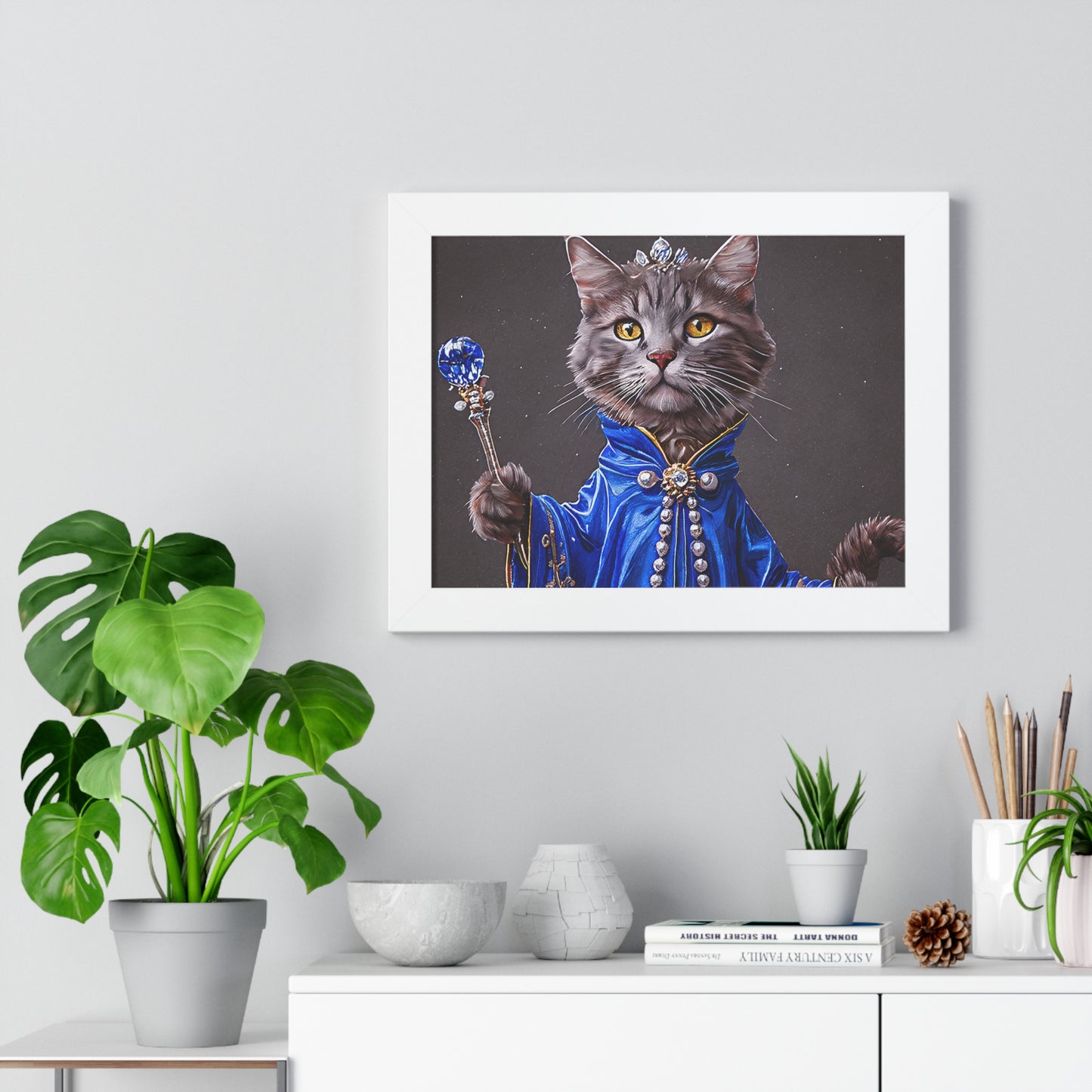 Regal Cat Framed Poster, Cat Lover Art, Cute Wall Decor, Pet Gift, Feline Artwork, Animal Painting, Home Accents