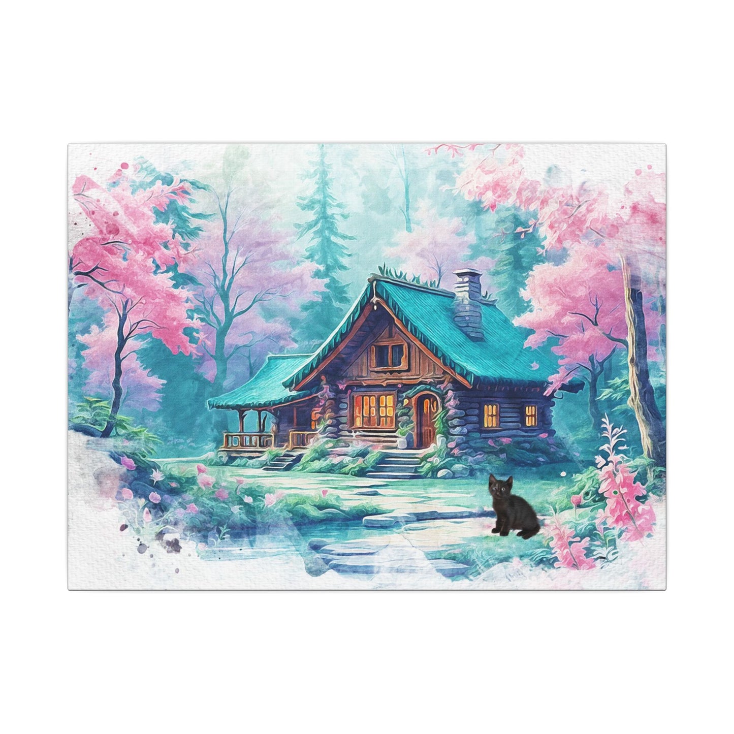 Serene Forest Canvas Art, Nature Wall Decor, Cozy Cabin Print, Spring Floral Home Decor, Black Bear Artwork