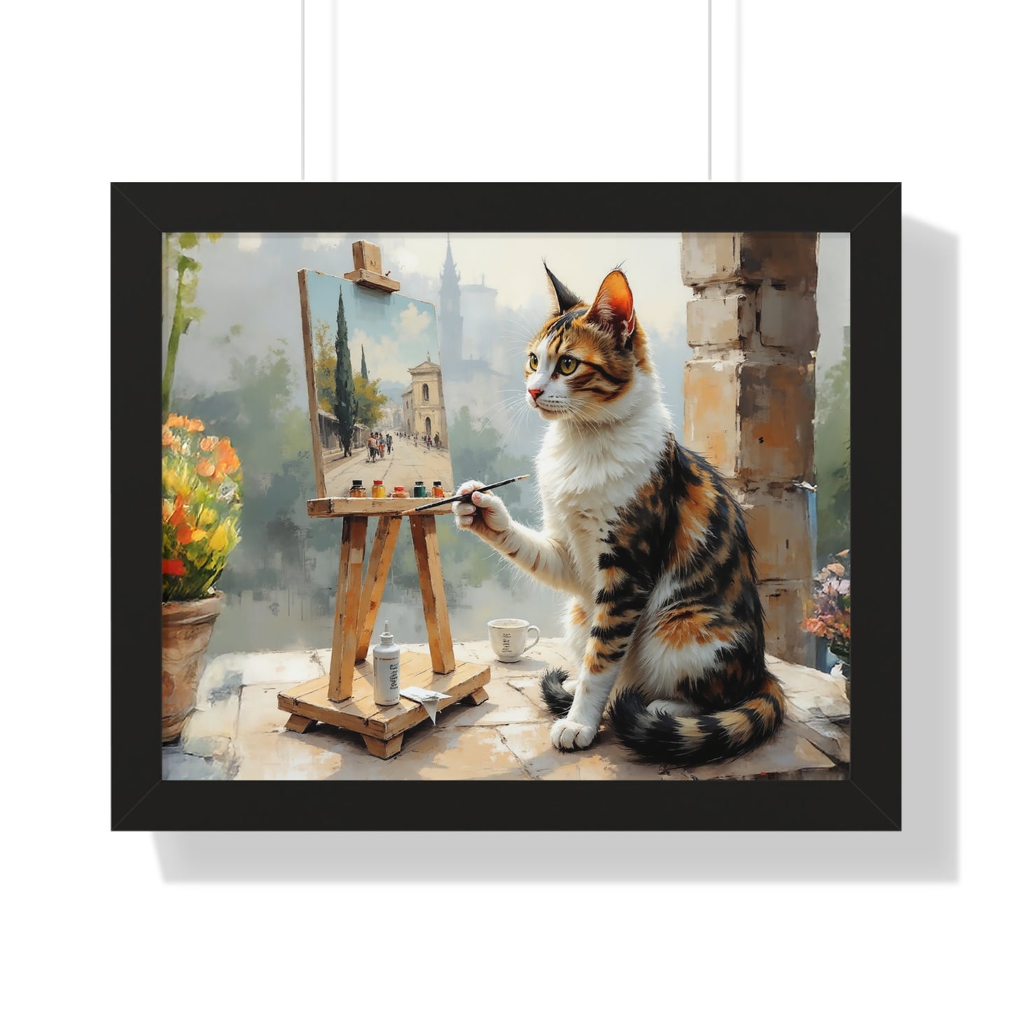 Artist Cat Framed Horizontal Poster, Cat Wall Art, Pet Lover Gift, Home Decor, Cat Painting, Cat Lover Gift