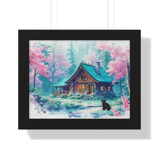 Cozy Cottage Framed Poster, Nature Wall Art, Home Decor, Gift for Nature Lovers, Cabin Art Print, Floral Landscape Print