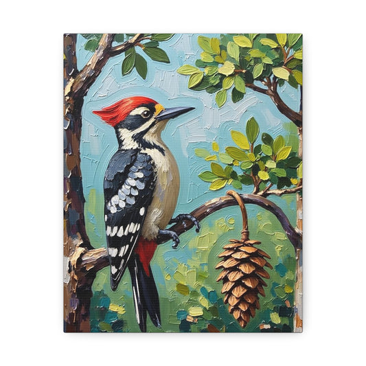 Woodpecker Stretched Canvas Art, Bird Wall Decor, Nature Illustration, Rustic Home Decor, Gift for Bird Lovers