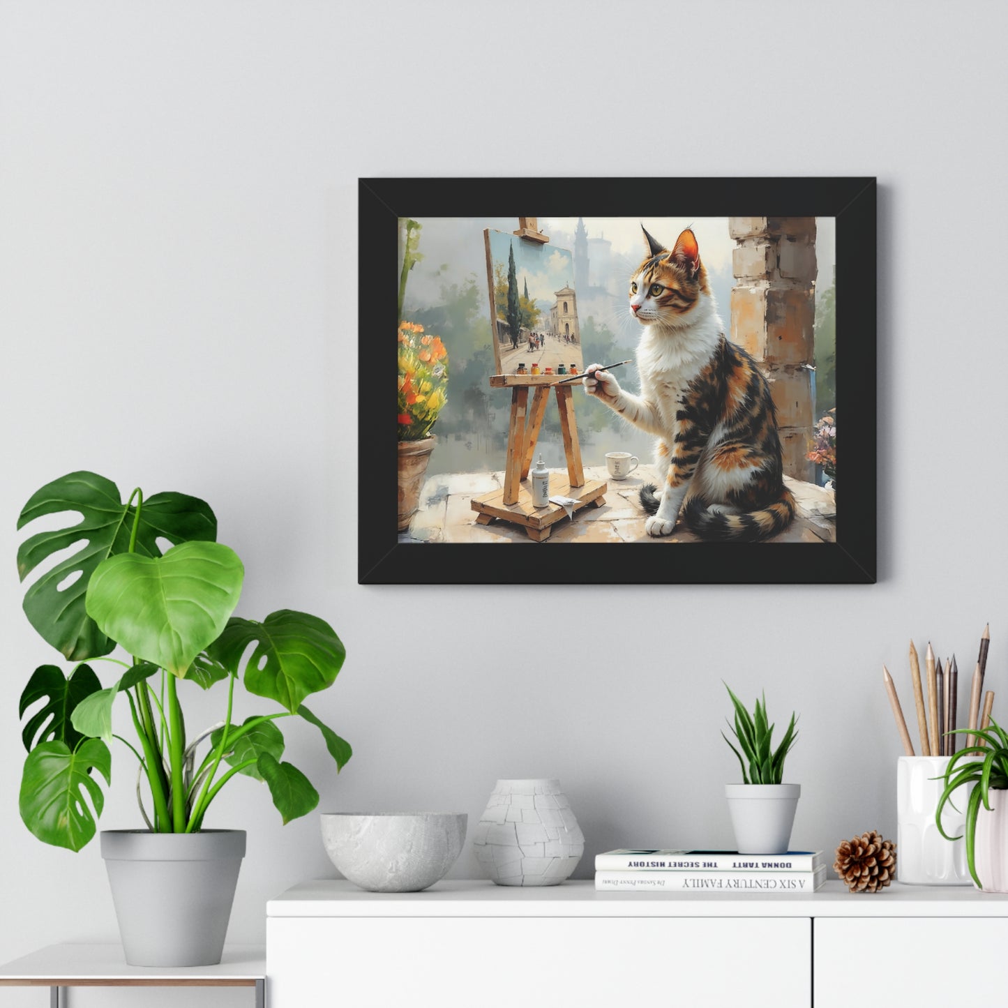 Artist Cat Framed Horizontal Poster, Cat Wall Art, Pet Lover Gift, Home Decor, Cat Painting, Cat Lover Gift