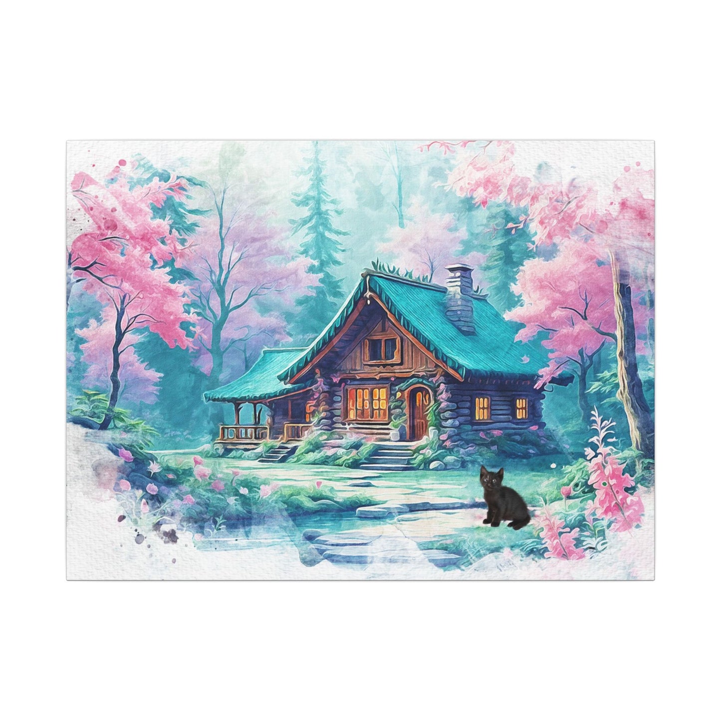 Serene Forest Canvas Art, Nature Wall Decor, Cozy Cabin Print, Spring Floral Home Decor, Black Bear Artwork