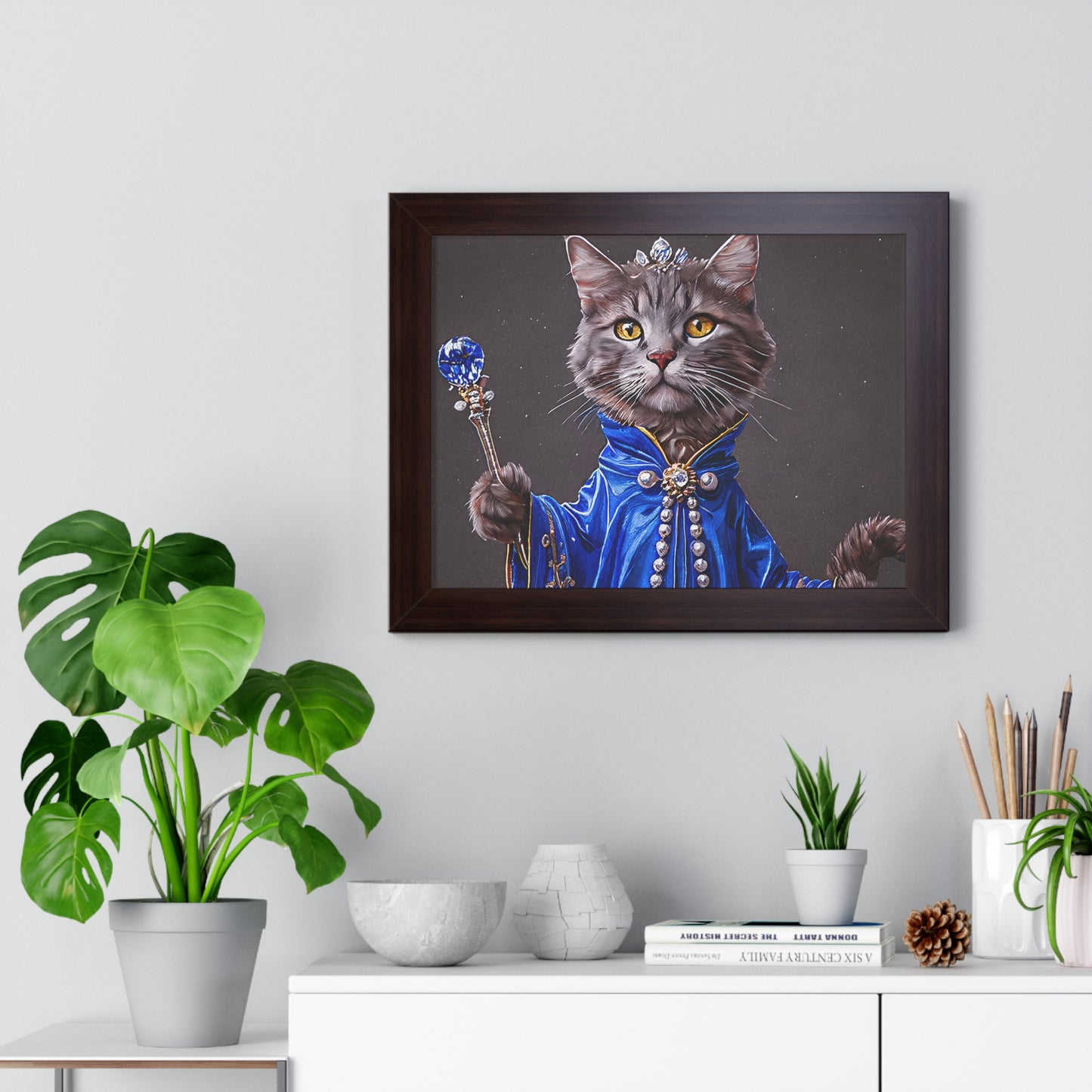 Regal Cat Framed Poster, Cat Lover Art, Cute Wall Decor, Pet Gift, Feline Artwork, Animal Painting, Home Accents