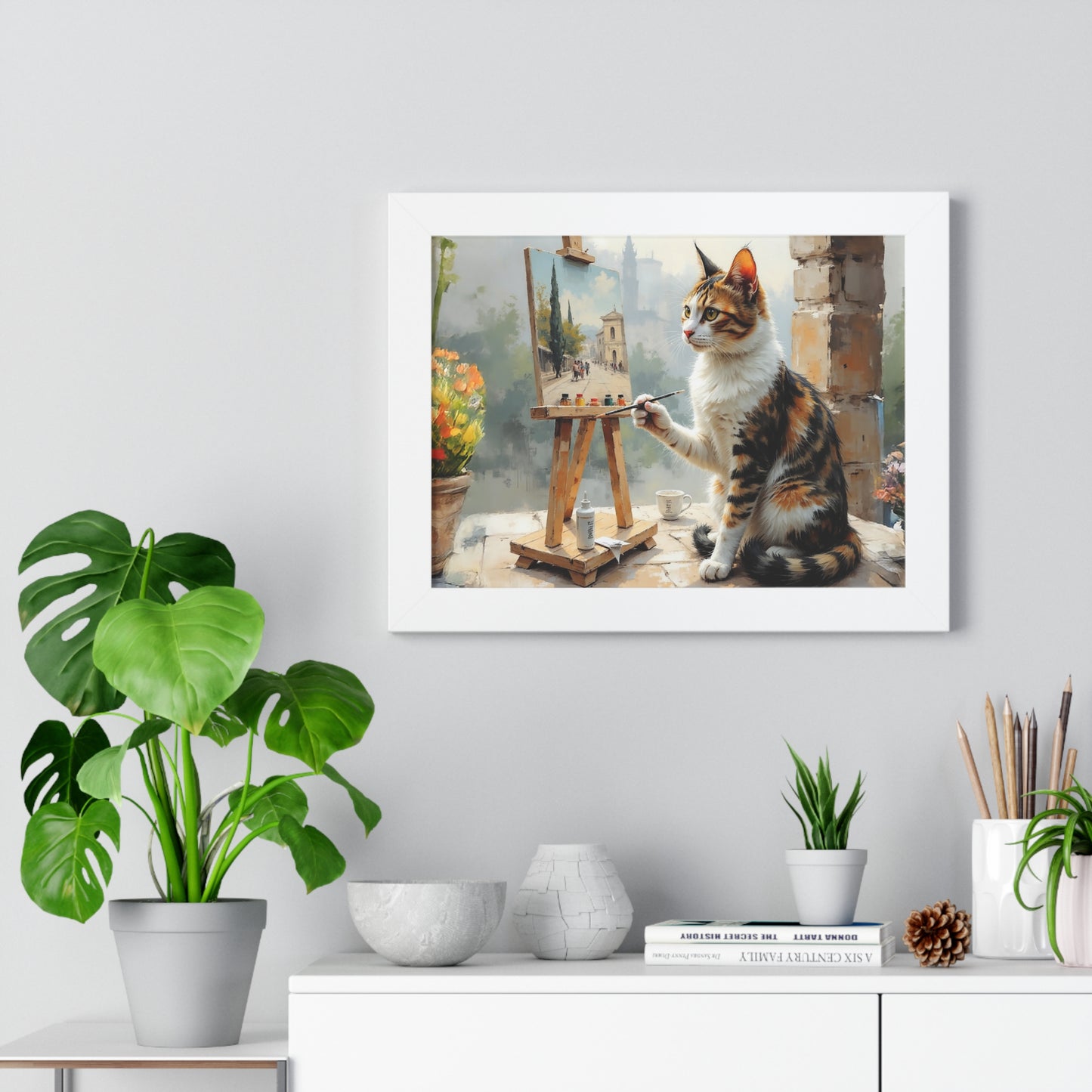 Artist Cat Framed Horizontal Poster, Cat Wall Art, Pet Lover Gift, Home Decor, Cat Painting, Cat Lover Gift