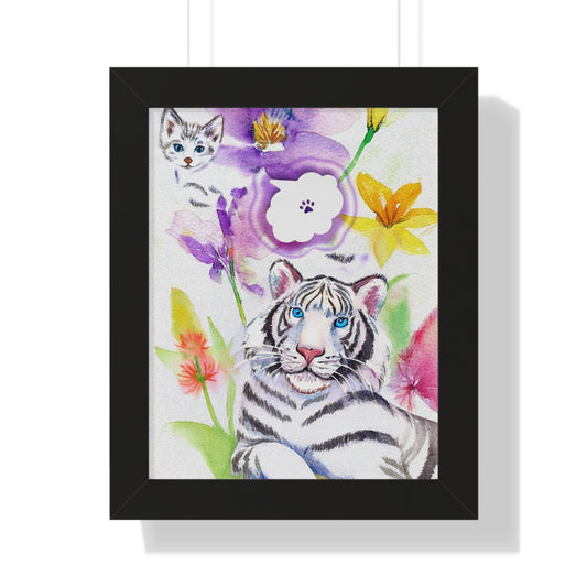 Whimsical Animal Framed Poster, Tiger and Cat Art, Home Decor, Nature Lover Gift, Colorful Wall Art, Kids Room Decoration