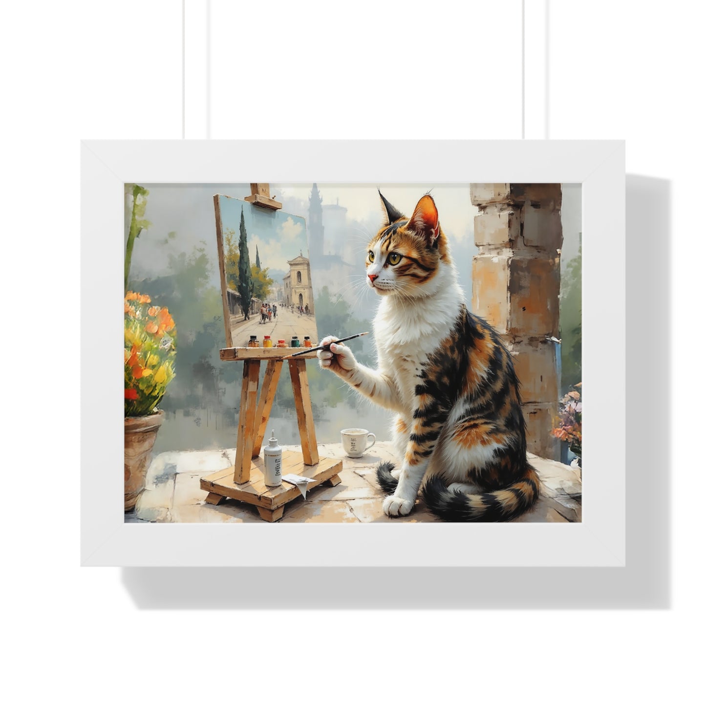 Artist Cat Framed Horizontal Poster, Cat Wall Art, Pet Lover Gift, Home Decor, Cat Painting, Cat Lover Gift