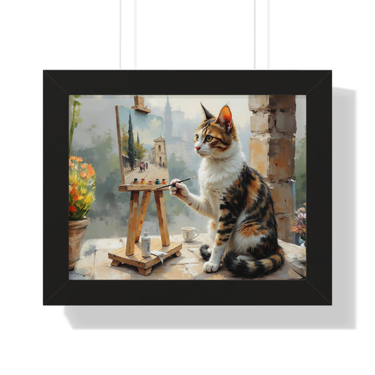 Artist Cat Framed Horizontal Poster, Cat Wall Art, Pet Lover Gift, Home Decor, Cat Painting, Cat Lover Gift