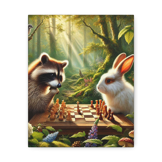Whimsical Animal Chess Canvas Art | Nature Decor, Raccoon Rabbit Wall Art, Playful Home Decor, Gift for Animal Lovers, Woodland Art