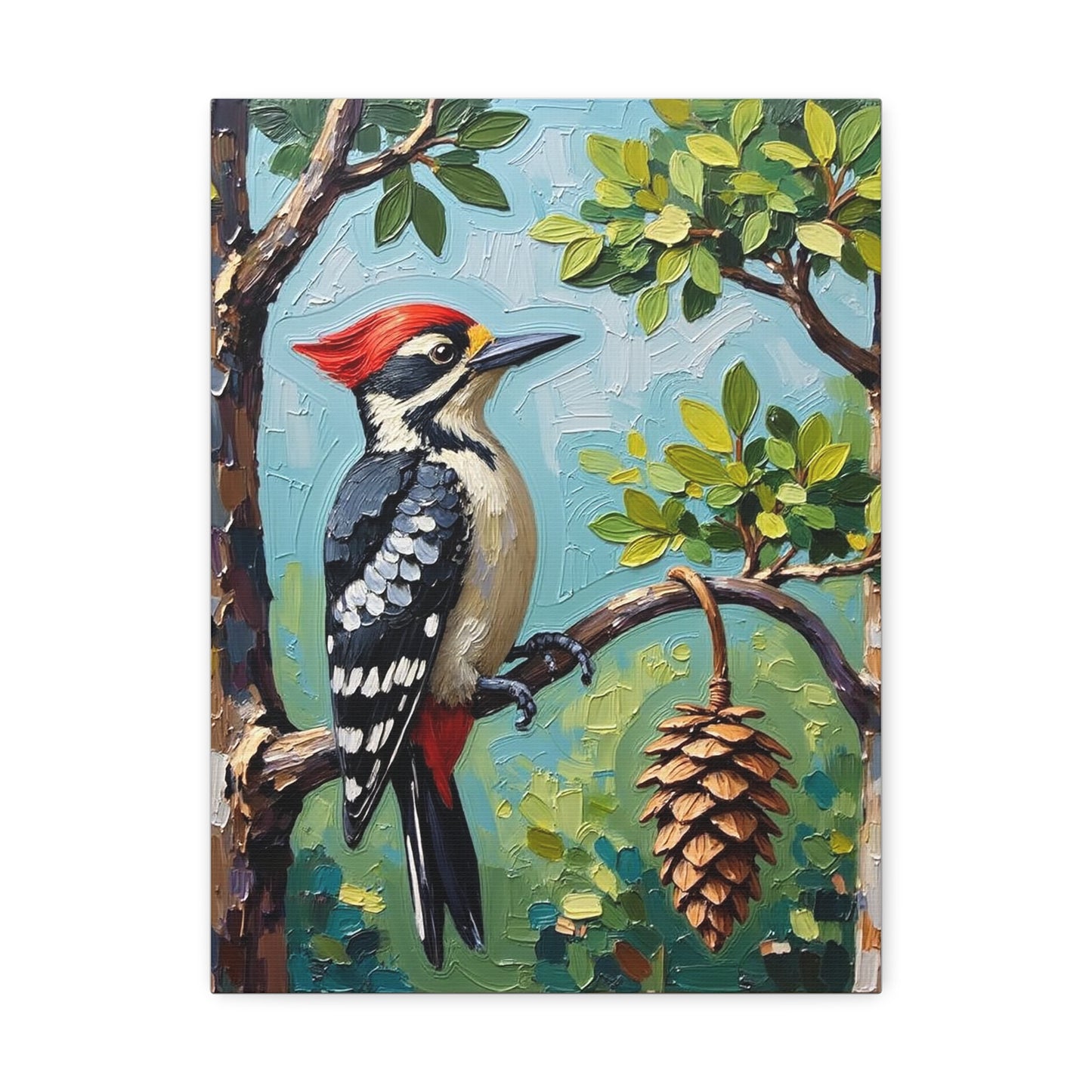 Woodpecker Stretched Canvas Art, Bird Wall Decor, Nature Illustration, Rustic Home Decor, Gift for Bird Lovers