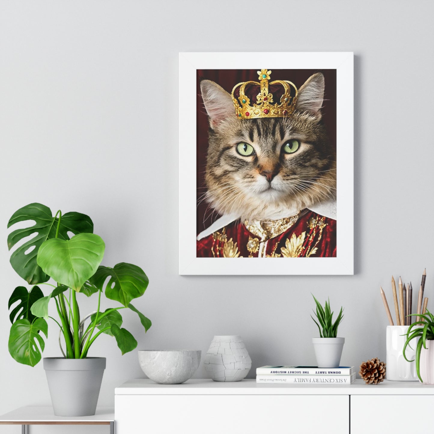Regal Cat Framed Vertical Poster, Cat Art Print, Pet Lover Decor, Royal Feline Wall Art, Unique Gift for Cat Owners, Home Office Wall Decor