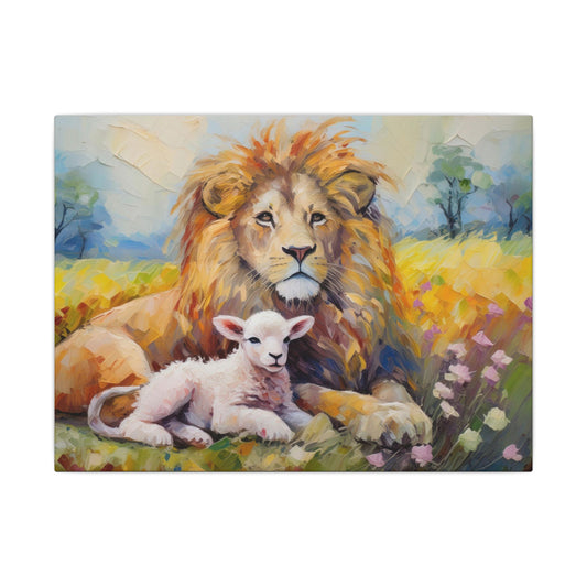 Lion and Lamb Canvas Art Print, Colorful Animal Wall Decor, Nursery Art, Kid’s Room, Gift Idea for New Parents