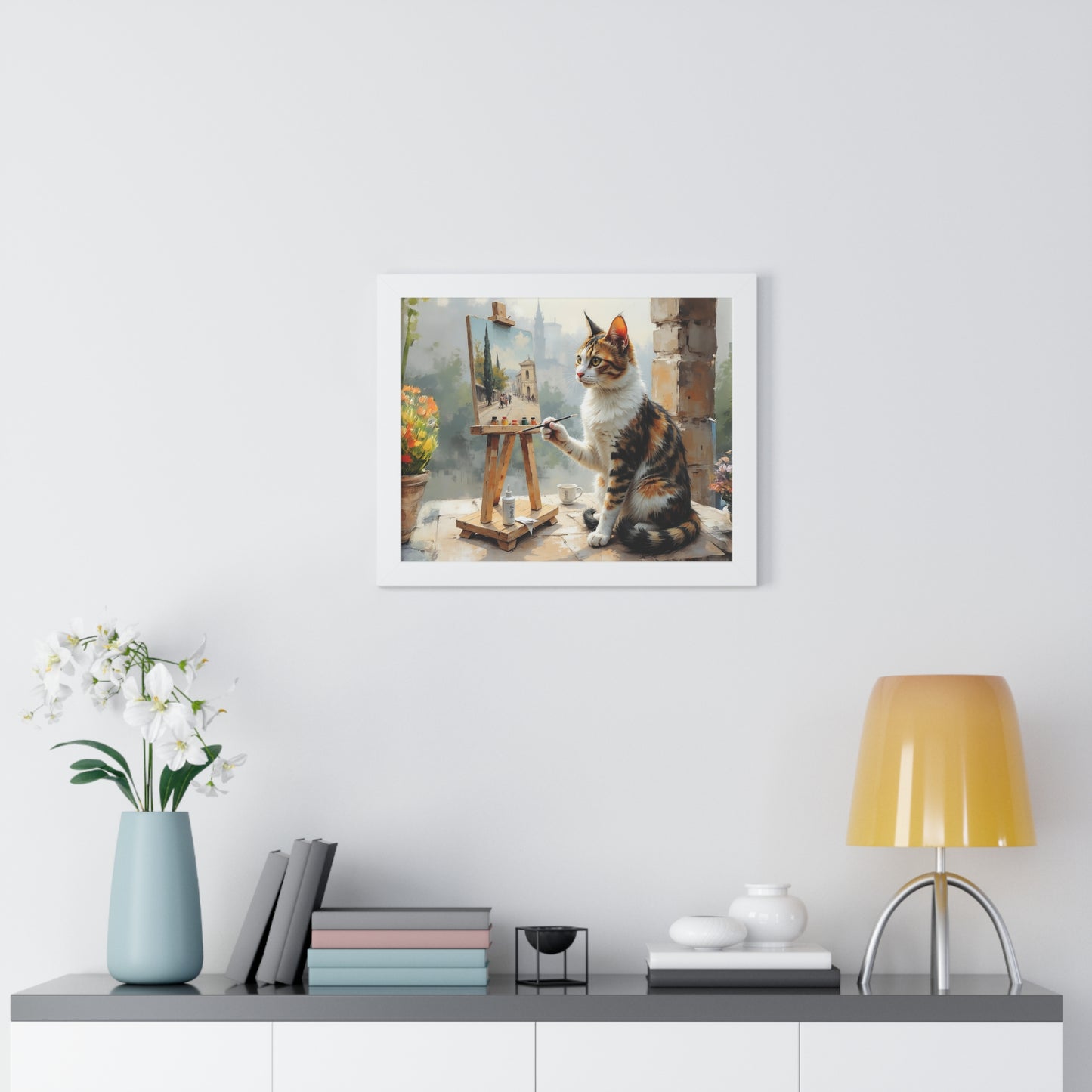 Artist Cat Framed Horizontal Poster, Cat Wall Art, Pet Lover Gift, Home Decor, Cat Painting, Cat Lover Gift